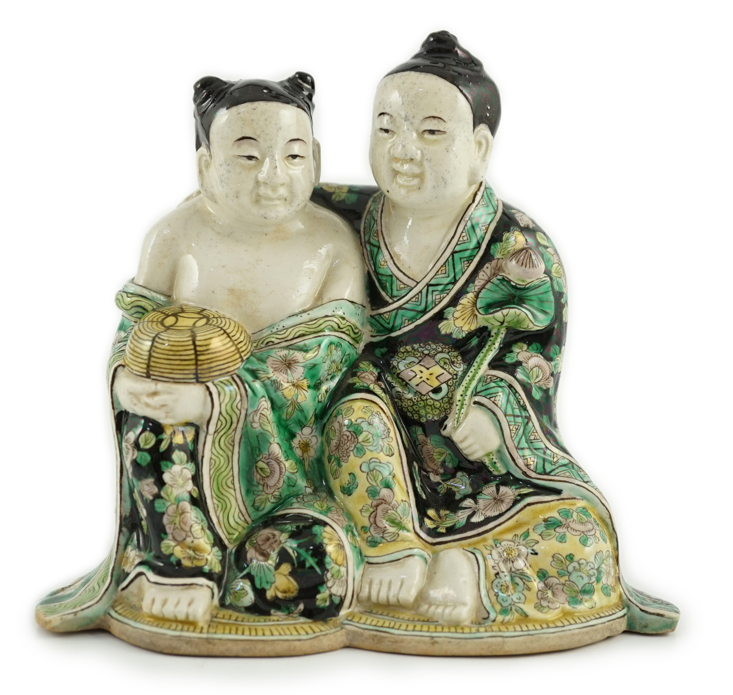 A Chinese famille verte enamelled biscuit group of the Hehe Erxian, possibly 19th century